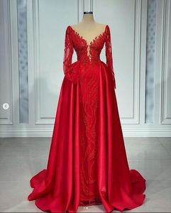 Rouge princesse sirène robes de bal avec train détachable 2023 à manches longues col transparent perlé broderie robe de soirée arabe