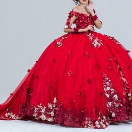 Rode Prinses Uit De Schouder Quinceanera Jurken Baljurk 3D Bloemen Kant Tule Lange Mouwen Corset Sweet 15 Vestidos De XV Anos