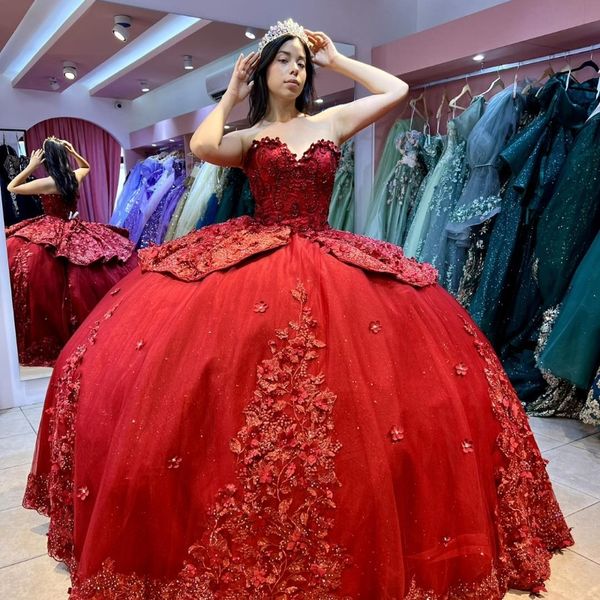 Red Princess Quinceanera Robe For Girls Sweep Train Off épaule 3D Floraux Appliques Perles Robe Forme Vestidos 15 Anos Rosa