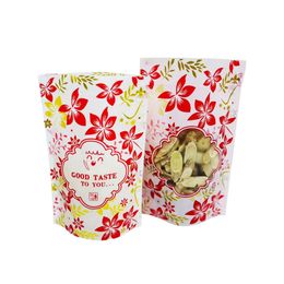 Red Print Golden Flower Self Seal tas met raam snack snoep droge fruit verpakking tassen groothandel LX4690