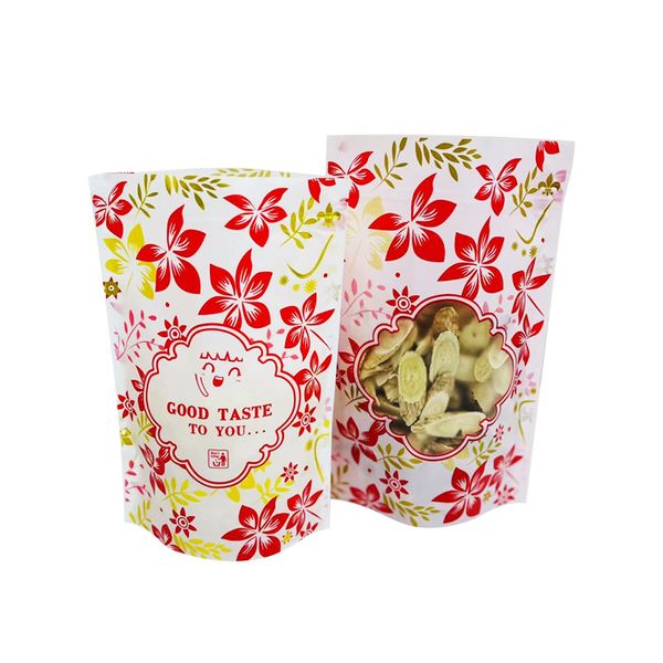 Bolsa autoadhesiva con estampado rojo de flores doradas con ventana, bolsas de embalaje de frutas secas y dulces, venta al por mayor LX4690