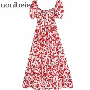 Rode print vierkante kraag bladerdeeg mouw zomer vrouwen lange midi jurk shirred lichaam hoge taille vrouwelijke casual ruches 210604