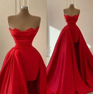 Red Prom 2023 -jurken Hoge laag strapless geschulpte kant satijn op maat gemaakte plooien avondjurk formele ocn slijtage Vestidos plus maat 403