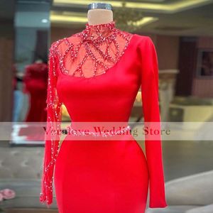 Red Prom Dress Mermaid 2021 Vestido de Festa Custom Made Long Sleeve Split Beaded Formal Party Jurken voor Woman Night Wear