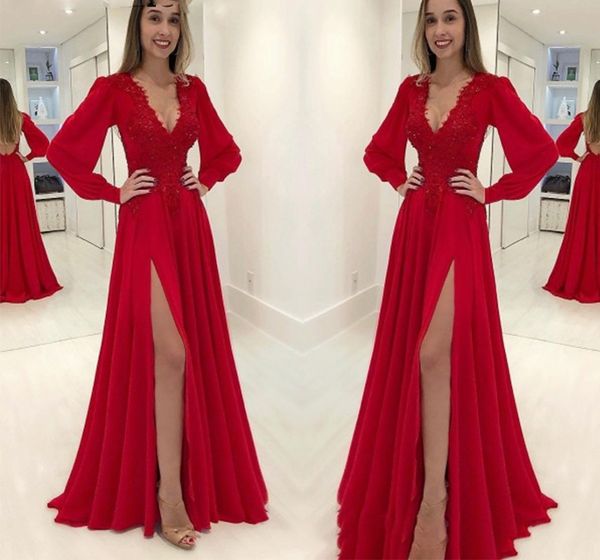 Robe de bal rouge grande taille manches longues Appliques perlées Sexy dos ouvert femmes formelles robes de soirée fête longues robes de Gala