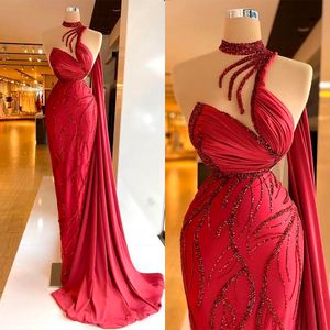 Rode prom jurken sexy pailletten kralen satijn een schouder mouwloze glitter elegante vloerlengte hoge taille avond formele jurken meisjesjurken