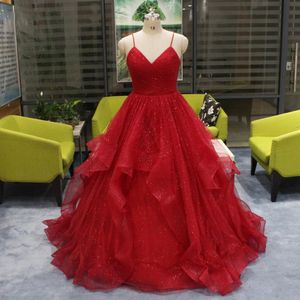 Robes de bal rouge Spaghetti Stracts Sparkly Sequins Ruffles Rucched Custom Pleas Formel Evening Party Robe Vestido de Noche 403