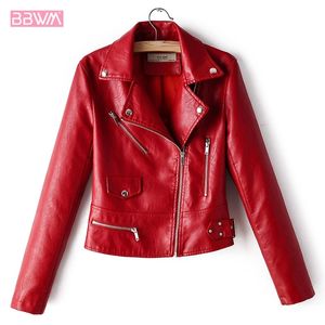 Red PU lange mouw revers rits locomotief vrouwen jas herfst chique slanke vrouwelijke jas zwart roze beige top winddicht 210507