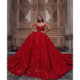 Red Quinceanera Ball Jurk Jurken Sweetheart Lace Appliques 3d Floral Flowers Pools Crystal Beads Formele Party Prom avondjurken Robe de Mariage S S S S S