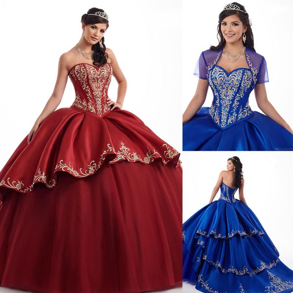 Quinceañera roja Vestidos oscuros Azul real Satén vintage Escote corazón con chaqueta Apliques de encaje dorado Vestido de fiesta con cuentas Dulce