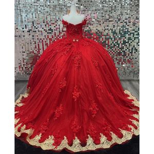 Rode Quinceanera Jurk 2023 Baljurken Kralen Lovertjes Gouden Kant Bloemen Steentjes Vestido De 15 Anos Verjaardagsfeestje Prom Dress