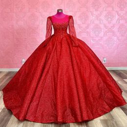 Robes De Quinceanera rouge 2024 à lacets perles paillettes robe De bal à manches longues Gillter robe De fête d'anniversaire robes De 15 Anos