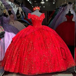 Robe de bal rouge Quinceanera, épaules dénudées, bouffante, douce 16, fleurs roses 3D, robes de soirée de célébrité, remise de diplôme