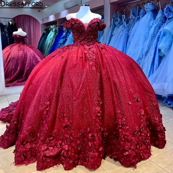 Robes de quinceanera rouge robe de bal sur les appliques en dentelle épaule des perles de cristal fleurs à manches longues en tulle et robes de fête gonflées robes de soirée