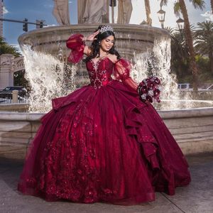 Robes de Quinceanera rouge robe à fleurs en Tulle perles hors de l'épaule robe de soirée Appliques à lacets Court Train robe de bal de bal