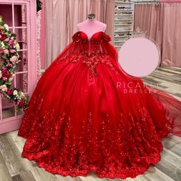 Robes de quinceanera rouge paillettes de luxe brillantes Perles de nœud applique Sweet 16 ans Vestidos de 15 Anos Birthday Party Robe