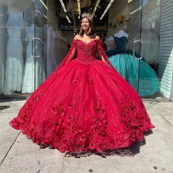 Robes de Quinceanera rouge avec cape fleurs chérie corset à lacets doux 16 filles robe de princesse robes de quincea￱era 2022 estidos para 15 ￱era