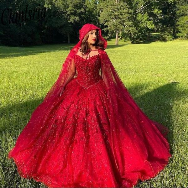 Robes de Quinceanera rouge avec cape fleurs chérie douce 15 filles robe de princesse robes de quincea époque 2022 estidos para 15 e224R
