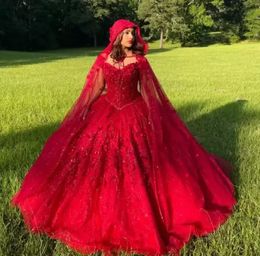 Robes de Quinceanera rouge avec Cape enveloppante Cape fleurs chérie à lacets Corset robe de princesse robes BC14207