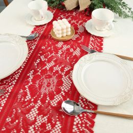 Red Rectangular Hollow Out Table Año Nuevo Runner Año Nuevo Decoración de fiestas Warp Lace Knited Hanging Tassel Long Strip Tablecloth