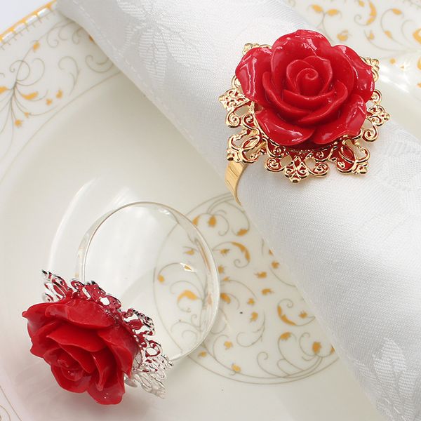 Résine rouge Rose Fleur Serviette Anneau Hôtel De Mariage Décor Serviettes En Métal Boucle Festival Fête Banquet Table Décoration Porte-Anneau BH8162 FF