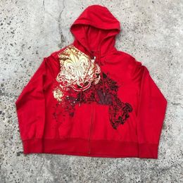 Swets à capuche à glissière Hip-Hop Street imprimée rouge rétro pour femmes