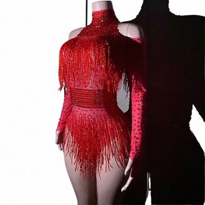 Body à franges rouge Rhinestes Femmes Gogo Dance Rave Outfit Dj Ds Stage Jazz Vêtements Clubwear Drag Queen Costumes r1fl #