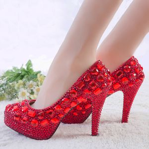 Rode Rhinestone Hakken Womens Crystal Pumps Wedding Platform Jurk Schoenen Assepoester Valentine Party Jurk Schoenen Maat 9 10 11