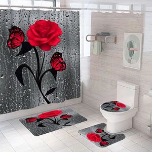 Rode Roos Vlinder Badkamer Antislipmat Set Duurzaam Waterdicht Douchegordijn Voetstuk Tapijt Deksel Wc Cover Badmatten 231225