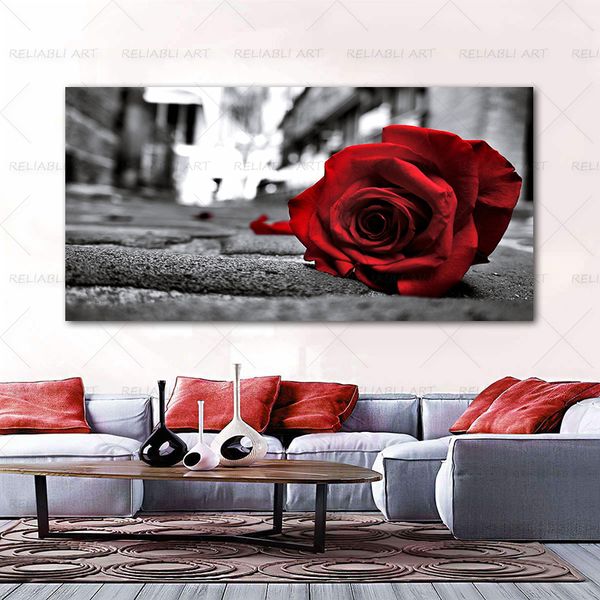 Rose rouge impressions sur toile noir et blanc nordique affiche moderne décor à la maison mur Art pour salon fleur peinture Cuadro Frameles