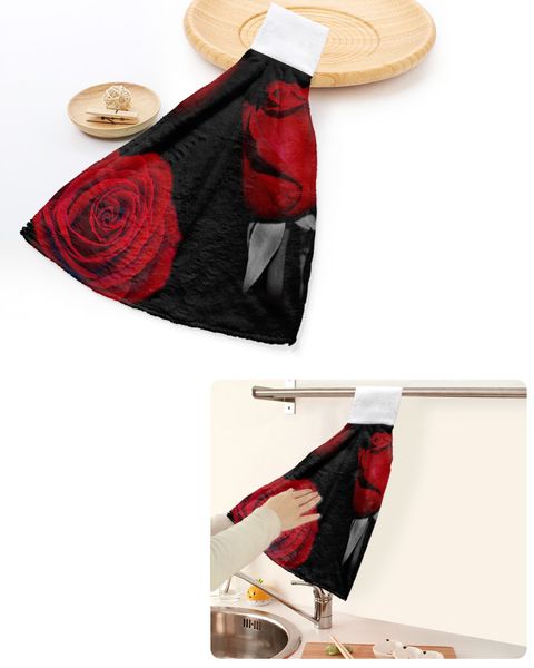 Red Rose Flower Black Hand Towel Supplies Salle de bain Absorbant Soft Absorbant Accessoires de cuisine Nettoyage