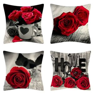 Housse de coussin imprimée fleur Rose rouge papillon, taie d'oreiller en lin pour canapé, bureau, décoration de lit de mariage, lombaire