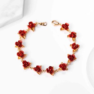 Bracelet à fleurs roses rouges pour femmes, chaîne à breloques, couleur or, bijoux à la mode, cadeaux de fête des mères