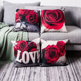 Taie d'oreiller en lin Rose rouge, housse de coussin pour canapé de salon, 40x40, 60x60, décoration de la maison, cadeau de saint valentin, 240318