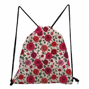 Sacs à cordon imprimés roses rouges Sacs à dos souples quotidiens Filles Garçons Cadeau de fête d'anniversaire Grand sac décontracté Pliable Enfants Voyage Sac à dos D07I #