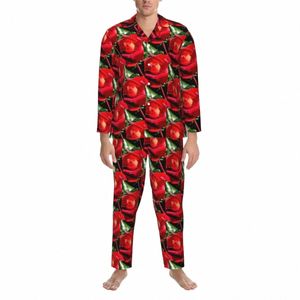 Rode Rozen Nachtkleding Herfst Frs Print Esthetische Oversized Pyjama Set Mannelijke Lg Mouwen Romantisch Dagelijks Grafisch Nachtkleding 61TU #