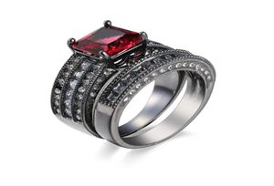 Rode Ruby Zirkoon Edelstenen Zwarte Goud Gevulde Ring Trouwring Vinger Belofte Ring Set SZ610176q2820953