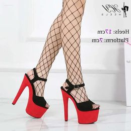 Sandales rouges Plateforme de daim noir Femmes Pole Dance 17cm Haussés talons talons ouverts Boucle Boucle Sex Adb