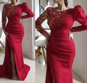 Rood Satijn Dubai Arabisch Aso Ebi Galajurken Lange Mouwen Prachtige Pailletten Kralen Formele Feestjurken Voor Vrouwen Sexy Zijsplit Lange Zeemeermin vestidos De Fiesta CL3446