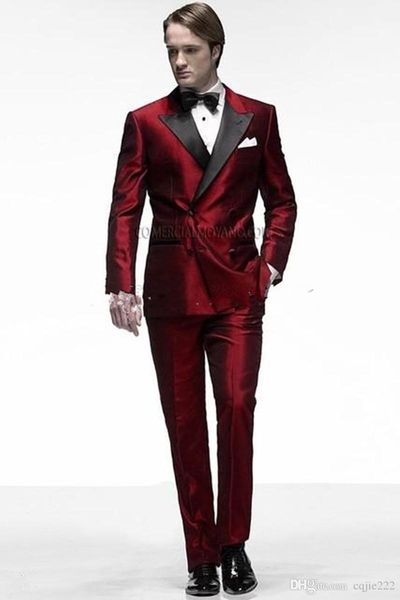 Tuxedos de marié en satin rouge Tuxedos de mariage pour hommes à double boutonnage Veste à revers noir Blazer Mode Hommes Dîner / Costume Darty (veste + pantalon + cravate) 1288