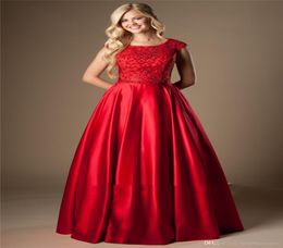 Red Satin Long Modest Prom Dresses 2020 met Cap Mouwen Aline zwaar kralen Bodice College bescheiden avondfeestjurken Couture O4241788