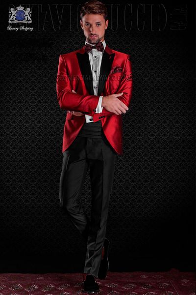 Smokings de mariage pour hommes en satin rouge Black Peak Lapel Groomsmen Tuxedos Man Blazers Veste Excellent costume 2 pièces (veste + pantalon + cravate) 1477