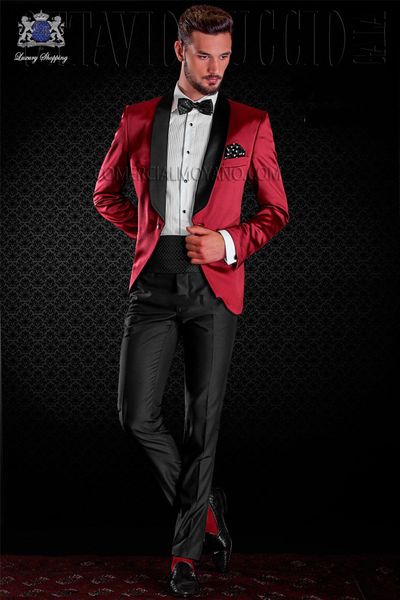 Smokings de mariage pour hommes en satin rouge Noir Châle Revers Groomsmen Tuxedos Homme Blazers Veste Excellent costume 2 pièces (veste + pantalon + cravate) 1474