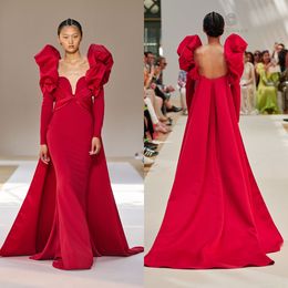 Robe de soirée sirène en satin rouge Sexy col en V bouffée à manches longues robes de bal sur mesure volants robes d'occasion spéciale