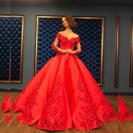 Rood Satijn Off-shoulder Avondjurken 3D Bloem Kant Kralen Glitter Avondjurk Met Lange Mouwen Elegante Formele Glans Baljurk