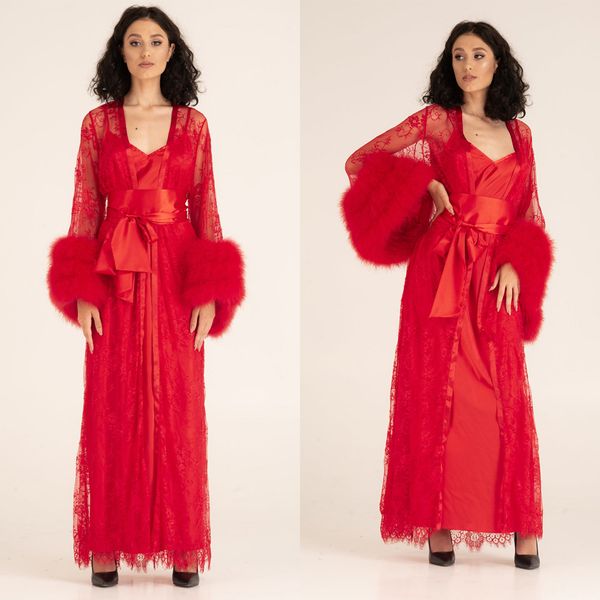 Robe de mariée en Satin de soie rouge, vêtements de nuit, fourrure d'hiver, manches longues, peignoir de soirée, sur mesure