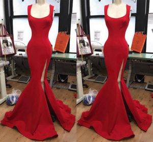 Red Scoop Hals Avondjurken 2017 Zij Hoge Split Mermaid Prom Dresses Satijn Vloerlengte Formele Party Jurken Gratis Verzending