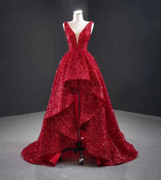 Robes de soirée à paillettes rouges pour femmes, robes de bal élégantes, longues, de luxe, col en V, robes de soirée, mariage émeraude, dubaï, 240125