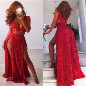 Rode pailletten v nek sexy zwarte meisjes prom jurken lange split front Afrikaanse avond formele jurken 2019 vestidos de fiesta 241G