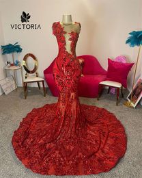 Rood lovertjes prachtige kanten kristal prom 2024 blackgirl zeemeermin feestjurk vrouwen elegant zie door formele jurken